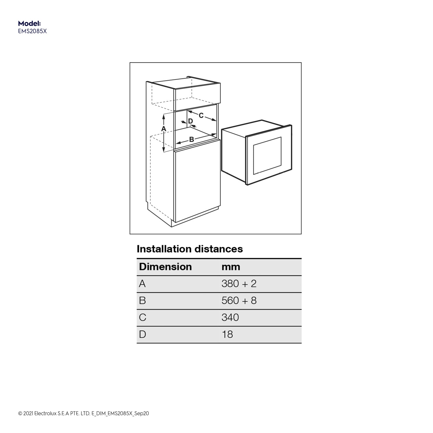 20L Builtin Microwave with Grill EMS2085X Electrolux Malaysia